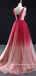 A-Line V-Neck Sleeveless Red Ombre Tulle Cheap Prom Dresses With Beading,SFPD0063
