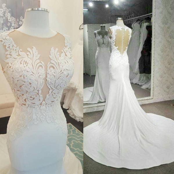 Gorgeous See Through Lace Long Mermaid White Jersey Wedding Dresses, WD0208