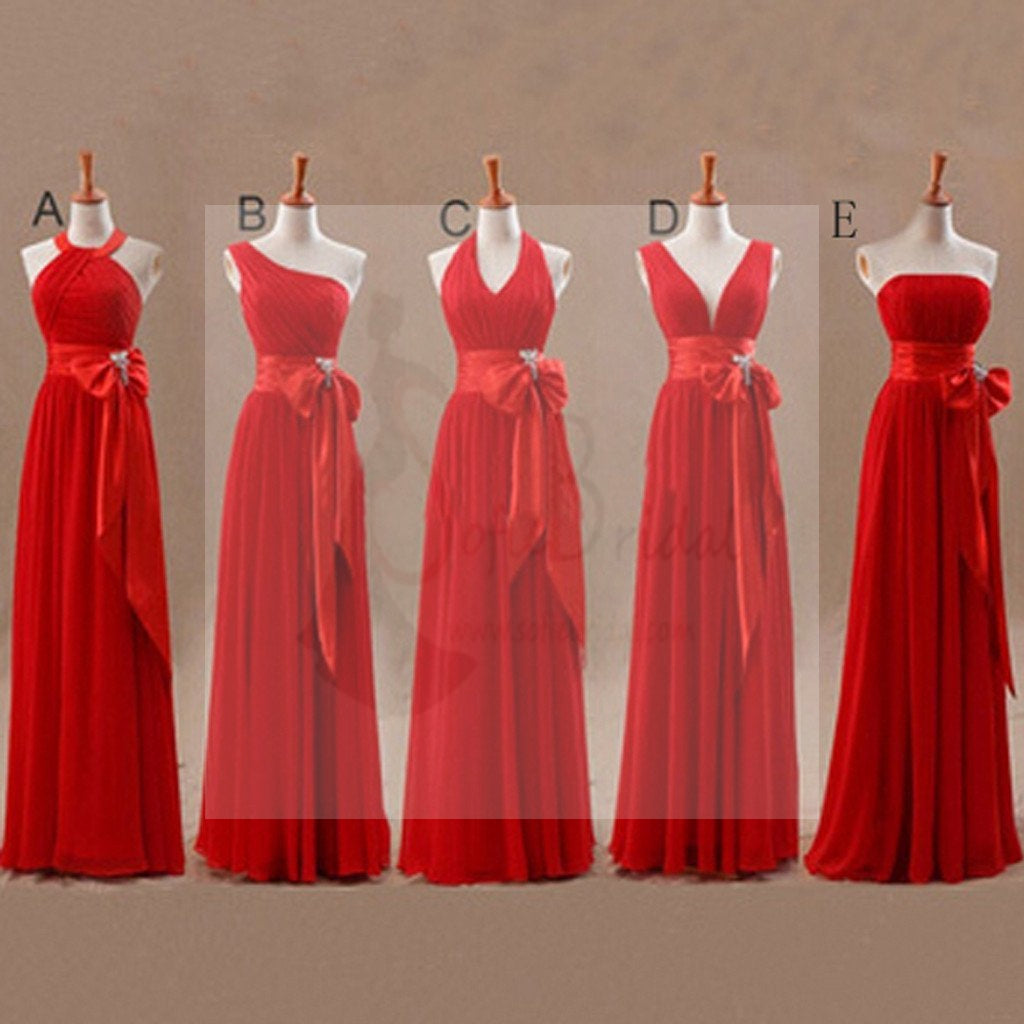 Mismatched Junior Chiffon Red Long A Line Formal Cheap Maxi Bridesmaid Dresses with Bow, WG63