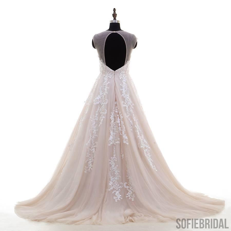 Sexy Open Back Illusion Lace Tulle A-line Wedding Dresses Online, WD368