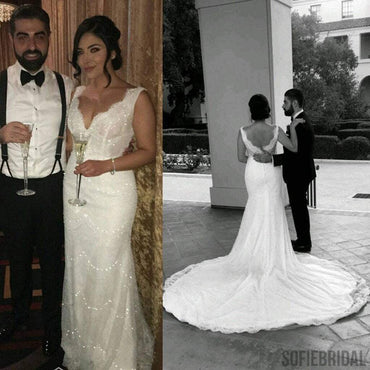 Shinny Sexy V-neck Sleeveless Mermaid Lace Beaded Wedding Dresses, WD0116