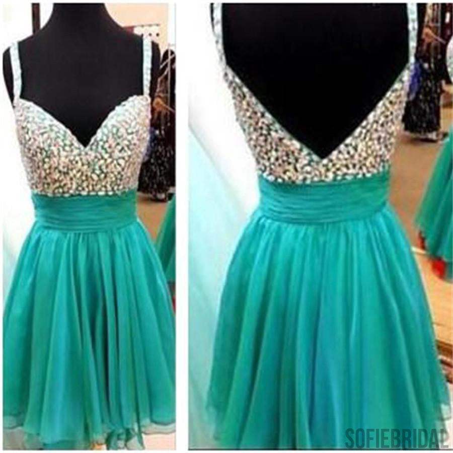 Short green mismatched spaghetti strap sparkly sexy homecoming prom dress,BD0064