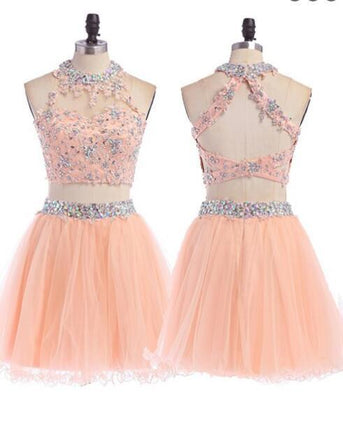 Sexy Two pieces Peach Halter Lace Tulle Homecoming Dresses, SF0026