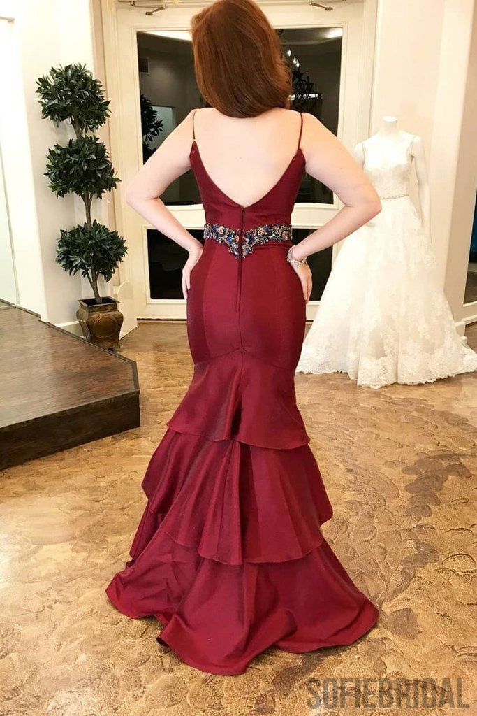 Red Mermaid Satin Prom Dresses Withed Rhinestone Waist Band, Cheap Prom Dresses, PD0747