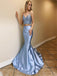 Blue Sequin Satin Spaghetti Straps Mermaid Prom Dresses,SFPD0183