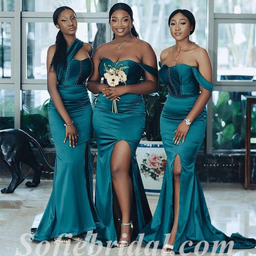 Mismatched Sexy Soft Satin Sleeveless Side Slit Mermaid Floor Length Bridesmaid Dressses,SFWG00470