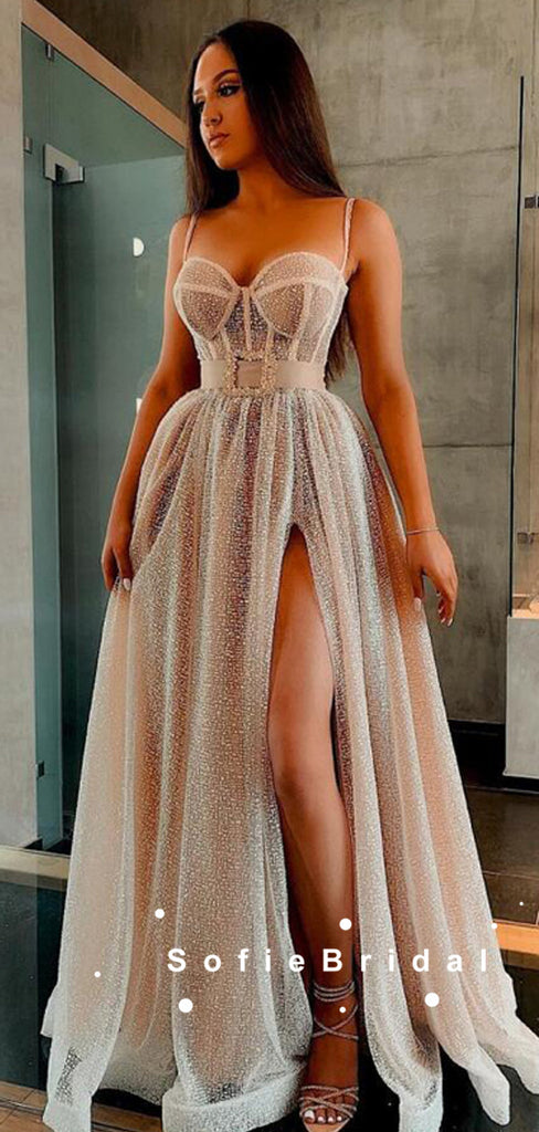 Shinny A-Line Sweetheart Spaghetti Straps Split Side Custom Long Prom Dresses,SFPD0067