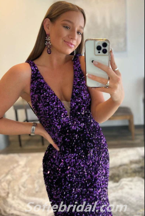 Shiny Sequin V-Neck Mermaid Long Prom Dresses/Graduation Evening Dresses,SFPD0281
