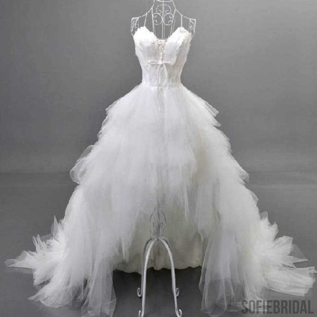 Unique Style Hi-low Sweetheart White Tulle Strapless Wedding Dresses With Feather, WD0067