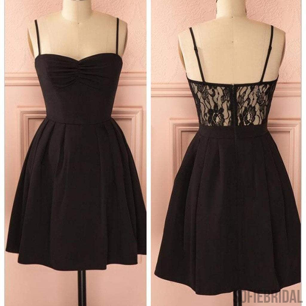 Spaghetti strap black simple lace cheap sexy homecoming prom dress,BD0067