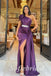 Elegant Satin One Shoulder Sleeveless Side Slit Mermaid Long Prom Dresses With Belt And Trailing,PD0802