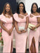 Pink Off Shoulder V-Neck  Side Slit Long Bridesmaid Dresses, SFWG00421