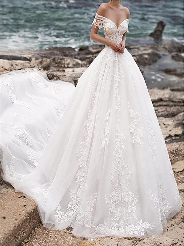 Beautiful V-neck Off Shoulder Cathedral Train Lace Elegant Wedding Dresses,SFWD0049