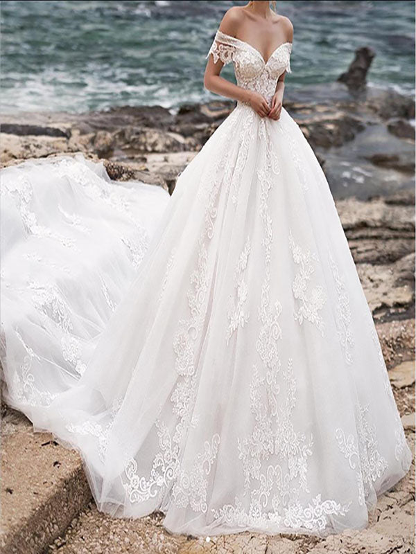 Beautiful V-neck Off Shoulder Cathedral Train Lace Elegant Wedding Dre SofieBridal Beautiful V-neck Off Shoulder Cathedral Train Lace Elegant Wedding Dre SofieBridal