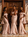 Elegant Blush Soft Satin Off Shoulder V-Neck Sleeveless Mermaid Floor Length Bridesmaid Dressses With Bow,SFWG00476