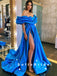 A-Line Off The Shoulder Royal Blue Split Side Cheap Long Prom Dresses With Ruffles,SFPD0068