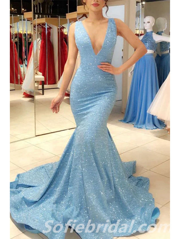 Blue Sequin Spaghetti Straps V Neck Mermaid Long Prom Dresses,SFPD0283