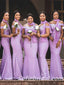 Purple Crepe And Lace Off The Shoulder Mermaid Floor Length Bridesmaid Dressses, SFWG00445