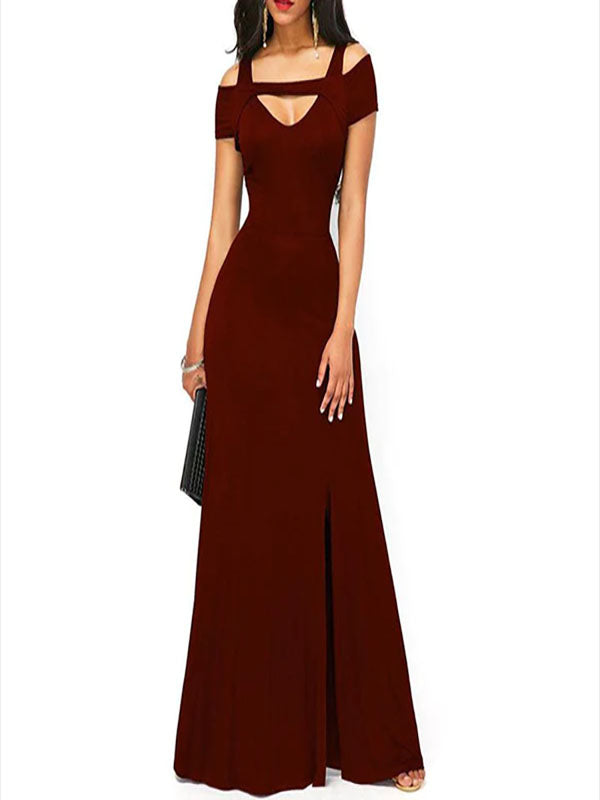 Burgundy Mermaid Off Shoulder Side-Slit Long Bridesmaid Dresses, SFWG00417