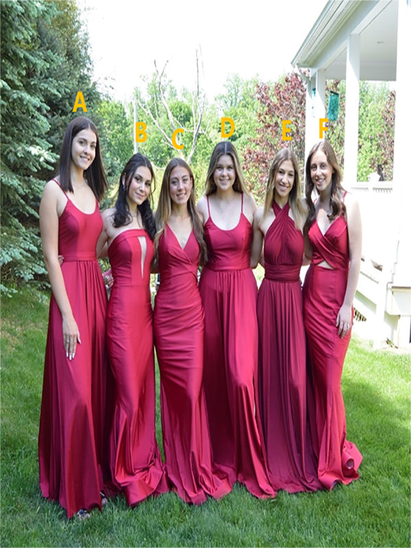 Mismatched Beautiful Red Satin A-Line Floor Length Bridesmaid Dresses, SFWG00427