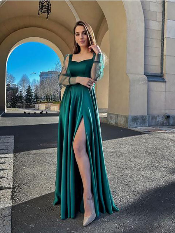 Green Satin Long Sleeves Side Slit Long Bridesmaid Dresses, SFWG00422 SofieBridal Green Satin Long Sleeves Side Slit Long Bridesmaid Dresses, SFWG00422 SofieBridal