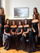 Black Satin Off Shoulder Straight Across Lace Applique Mermaid Long Bridesmaid Dresses, SFWG00422