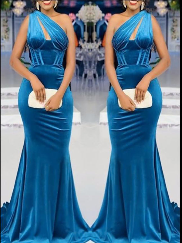 Elegant Velvet One Shoulder Floor Length Mermaid Bridesmaid Dresses, SFWG00435