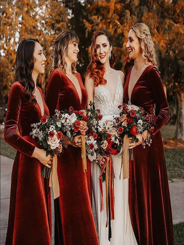 Rust Velvet Long Sleeves A-line Floor Length Long Bridesmaid Dresses, SFWG00419