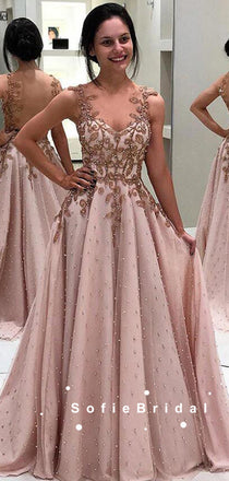 Elegant A-Line V-Neck Straps Custom Long Prom Dresses With Beading,SFPD0069
