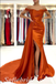 Sexy Burnt-Orange Satin Off Shoulder Side Slit Mermaid Long Prom Dresses With Trailing,SFPD0480