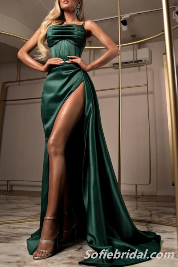 Simple Emerald Green Satin Long Prom Dress with Slit, Emerald