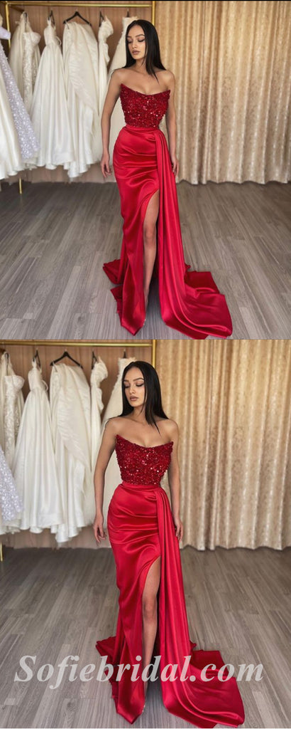 Sexy Red Sequin Top Satin Bottom Sweetheart Sleeveless Side Slit Mermaid Long Prom Dresses/Evening Dresses,SFPD0363