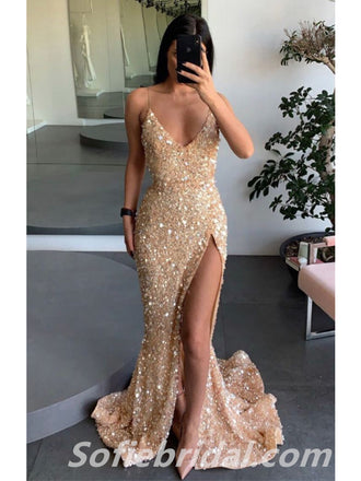 Shiny Sequin Spaghetti Straps V-Neck Side Slit Mermaid Long Prom Dresses,SFPD0313