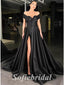 Sexy Black Satin And Sequin Off Shoulder V-Neck Side Slit A-line Long Prom Dresses,SFPD0646