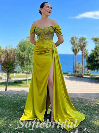 Sexy Satin Off Shoulder Sleeveless Side Slit Mermaid Long Prom Dresses With Trailing,SFPD0616