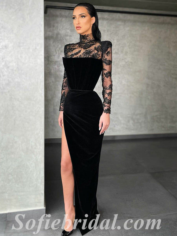 Elegant Black Velvet And Lace High Neck Long Sleeves Side Slit Mermaid Long Prom Dresses,SFPD0556