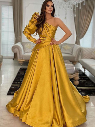Gorgerous One-shoulder A-line Satin Long Prom Dresses,SFPD0150