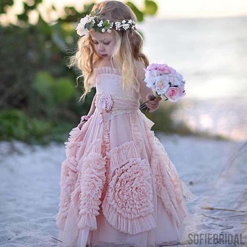 Lovely Spaghetti Soft Pink Flower Girl Dresses For Beach Wedding, Uniq SofieBridal Lovely Spaghetti Soft Pink Flower Girl Dresses For Beach Wedding, Uniq SofieBridal