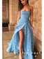 A-Line Strapless Split Side Blue Long Prom Dresses With Flowers,SFPD0006