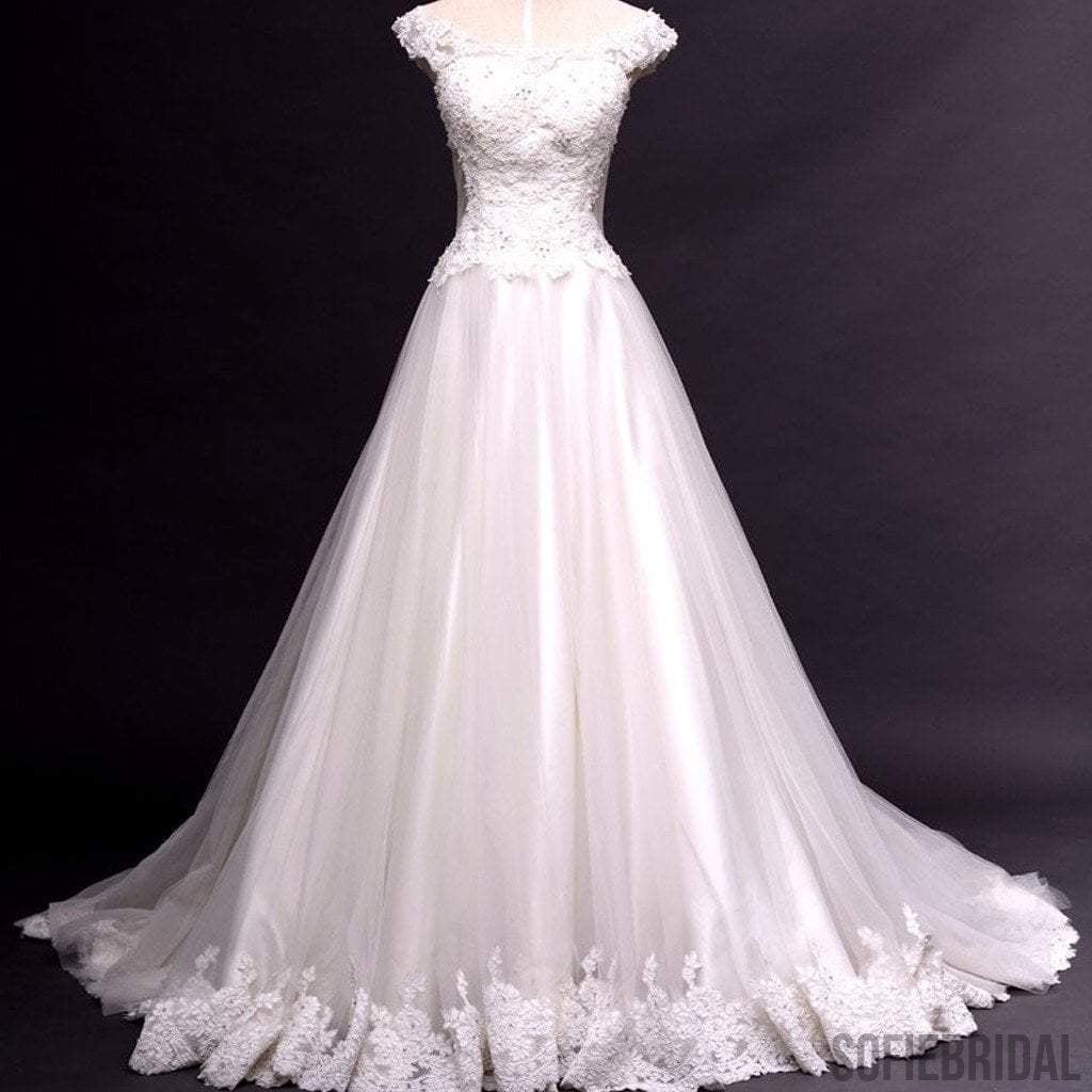 Scoop Neck Cap Sleeve Long A-line Lace Tulle Wedding Dress, Bridal Gown, WD0115