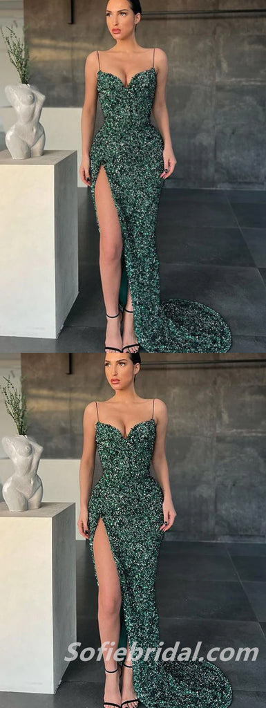 Sexy Charming Sequin Spaghetti Straps V-Neck Side Slit Mermaid Long Prom Dresses ,SFPD0257