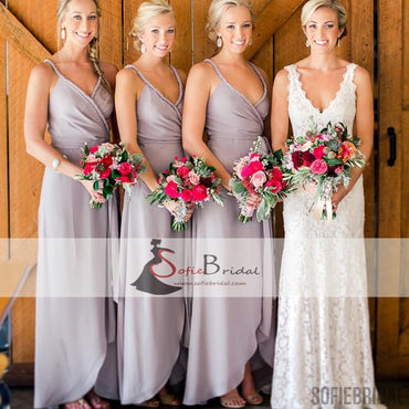 V-neck Slit A-lien Bridesmaid Dresses, Cheap Bridesmaid Dresses, Grey Bridesmaid Dresses, PD0488