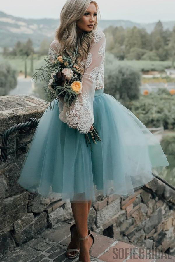 New Arrival Boho Style Long Sleeve See Through Lace Top  Blue Tulle Homecoming Dresses, SF0088