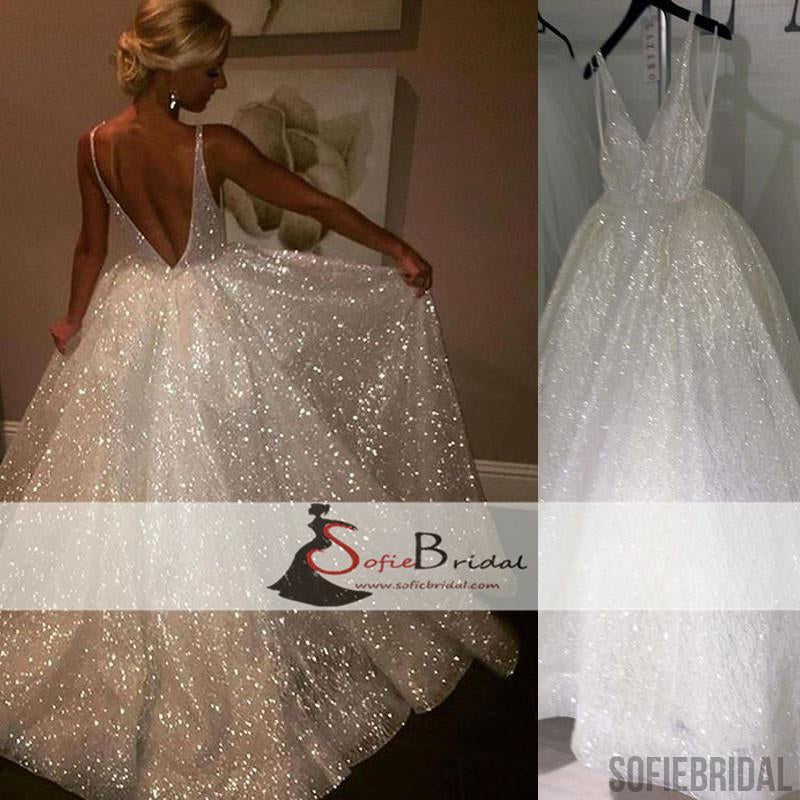 V-neck Sequin Tulle Sparkle Long A-line Prom Dresses, Lovely Wedding Dresses, Formal Dresses, PD0472
