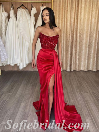 Sexy Red Sequin Top Satin Bottom Sweetheart Sleeveless Side Slit Mermaid Long Prom Dresses/Evening Dresses,SFPD0363