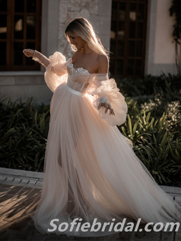 Sexy Tulle Off Shoulder Long Sleeve A-Line Long Wedding Dresses With Beading,SFWD0068