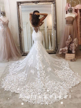 Sexy Mermaid Sweetheart Lace Sweep Train Wedding Dresses,SFWD0006