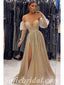 Sexy Shiny Sequin Tulle Off Shoulder Long Sleeve Side Slit A-Line Long Prom Dresses,SFPD0603