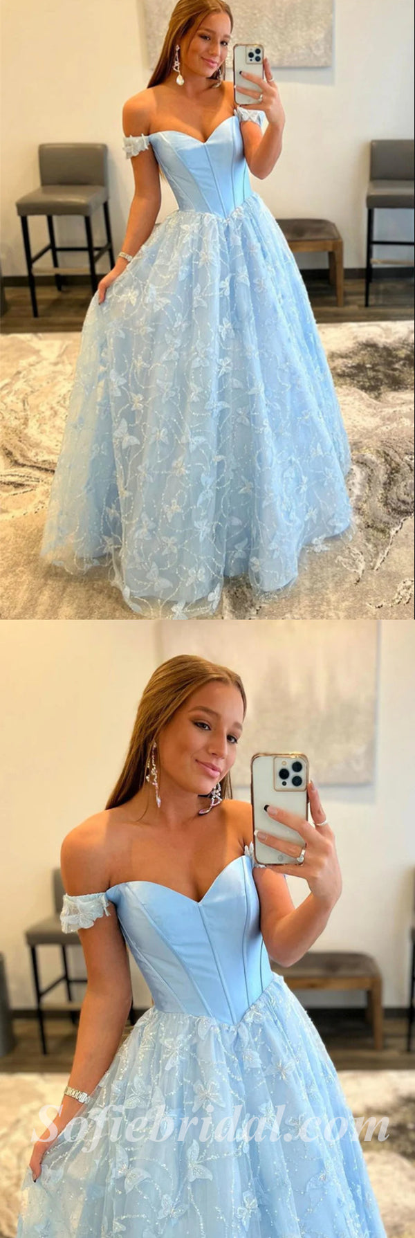 Elegant Satin Tulle And Satin Off Shoulder V-Neck Sleeveless Lace Up A SofieBridal Elegant Satin Tulle And Satin Off Shoulder V-Neck Sleeveless Lace Up A SofieBridal