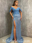 Sexy Blue Sequin Off Shoulder V-Neck Side Slit Mermaid Long Prom Dresses,SFPD0583